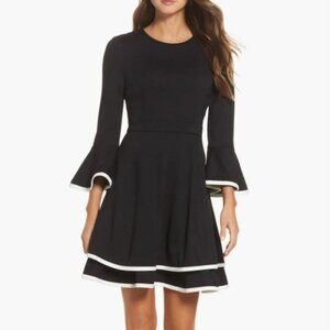 Nordstrom Eliza J Black Bell Sleeve Tiered Fit & Flare Dress In Black/ Ivory